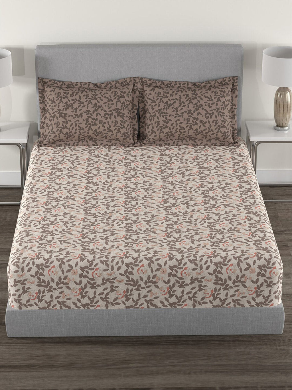 MYTRIDENT Brown White Floral Cotton 144 TC Queen Bedsheet With 2 Pillow Covers | Grocsy
