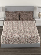 MYTRIDENT Brown White Floral Cotton 144 TC Queen Bedsheet With 2 Pillow Covers | Grocsy