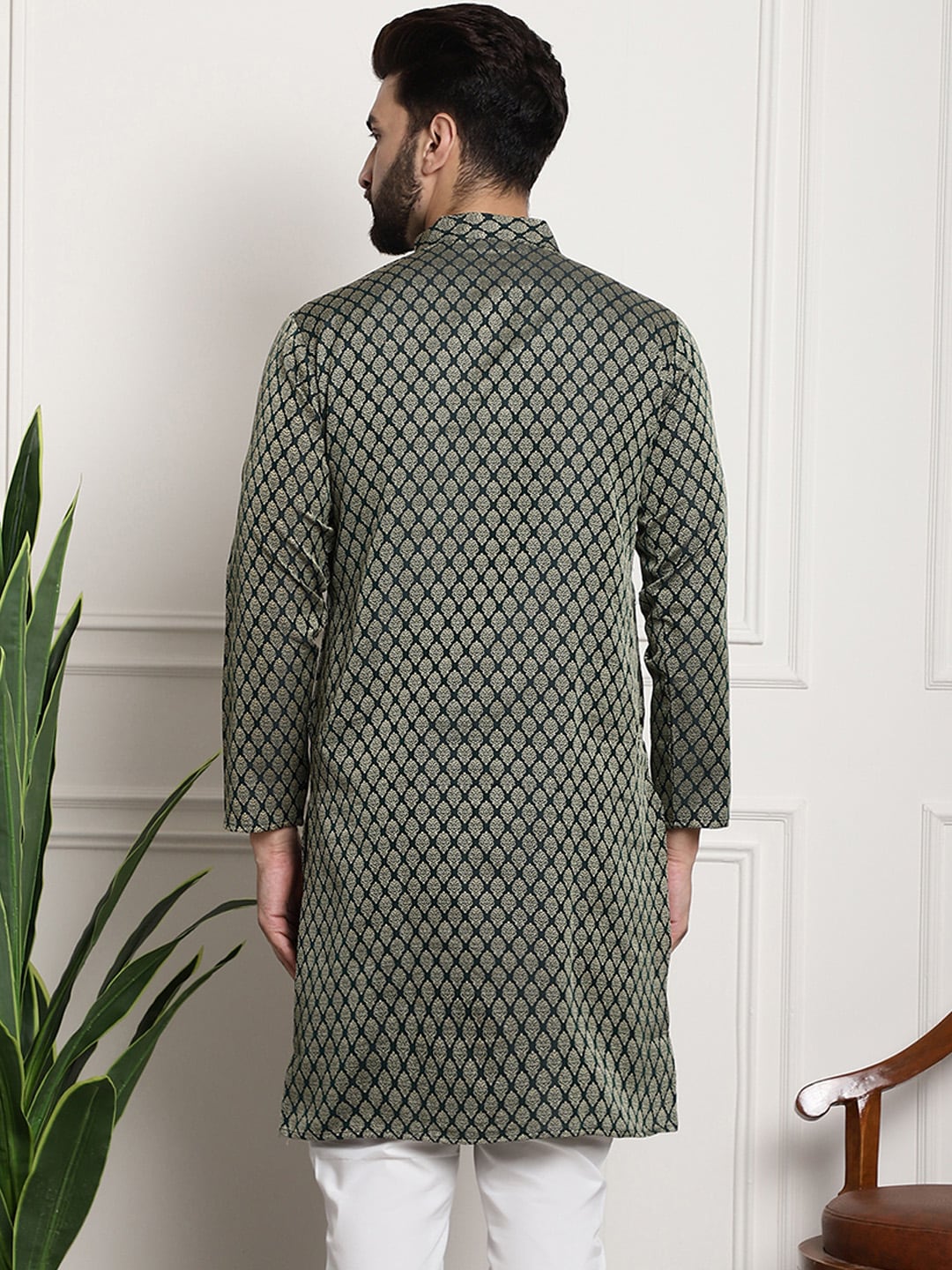 Sojanya Men Green & Beige Jacquard Silk Kurta | Grocsy