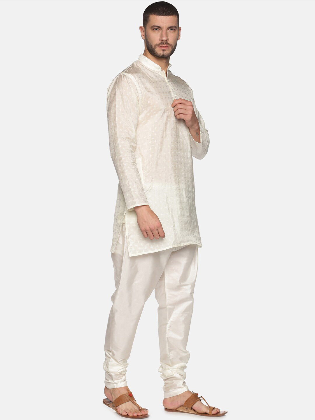 Sethukrishna Men Cream-Coloured Woven Design Kurta with Churidar | Grocsy