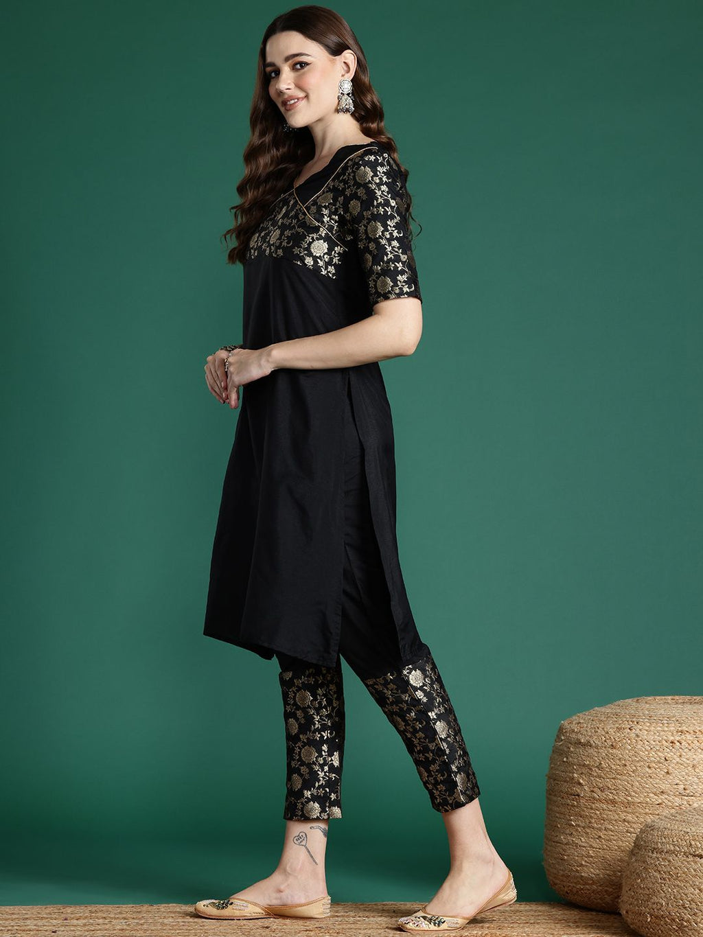 Sangria Floral Woven Designed Straight Kurta Set | Grocsy
