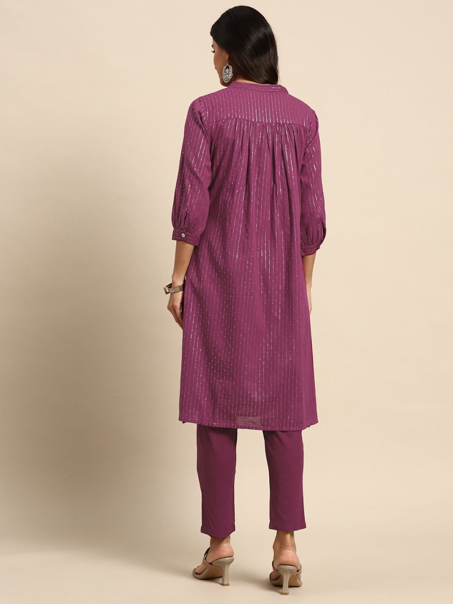 All About You Striped Pleated Sequinned Pure Cotton Kurta with Trousers | Grocsy