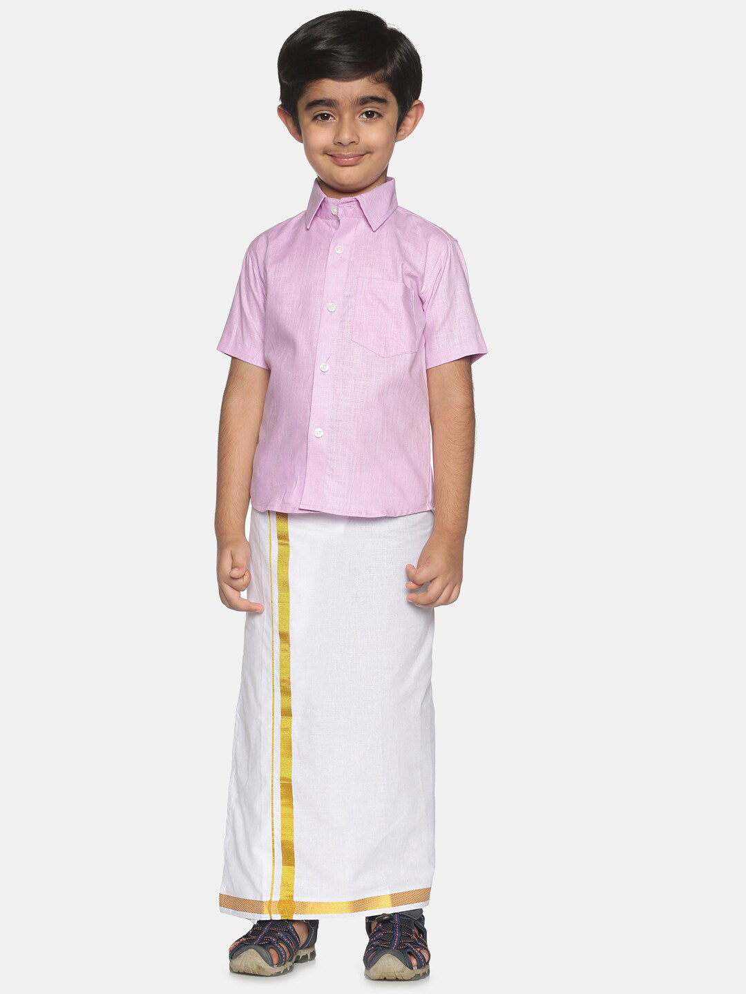 Sethukrishna Boys Pink & White Pure Cotton Shirt with Dhotis | Grocsy
