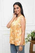 Myshka Women Mustard Floral V-Neck No Sleeves Polyester Top | Grocsy
