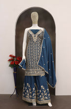 Anaita Teal Blue Chinon Stitched Suit with Embroidery Codding Sequence Work | Grocsy