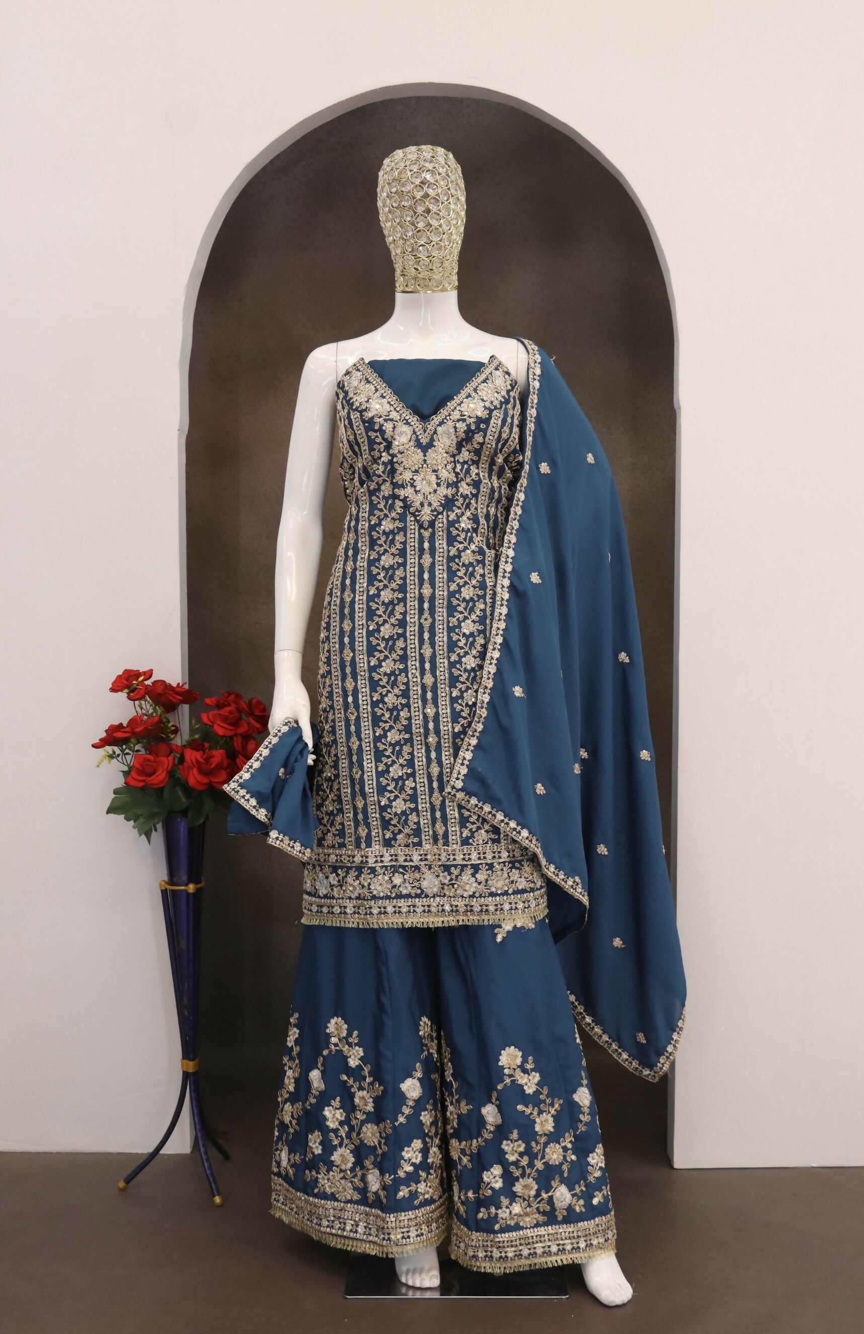 Anaita Teal Blue Chinon Stitched Suit with Embroidery Codding Sequence Work | Grocsy