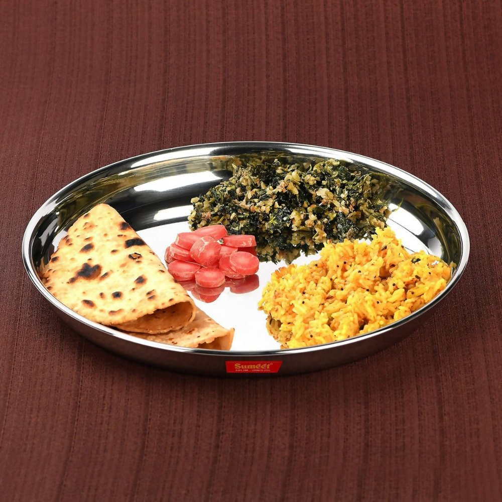 Sumeet Stainless Steel Heavy Gauge Deep Wall Dinner Plates with Mirror Finish | Grocsy