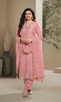 Anaita Peach Heavy Natural Crepe Stitched Suit with Embroidery & Zarkhan Work | Grocsy