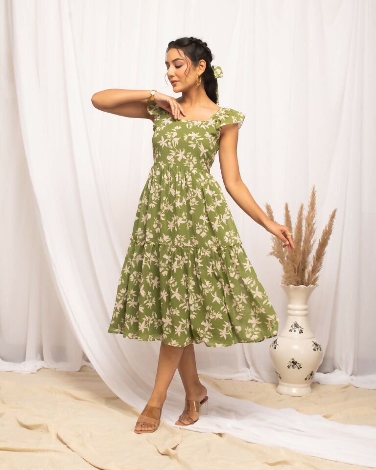 FIORRA Women's Mehandi Green Georgette Floral Printed Dress | Grocsy