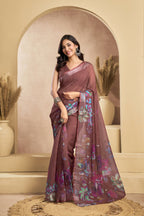 Vastranavya Coffee Digital Printed Linen Ready To Wear Designer Saree with Unstitched Blouse | Grocsy