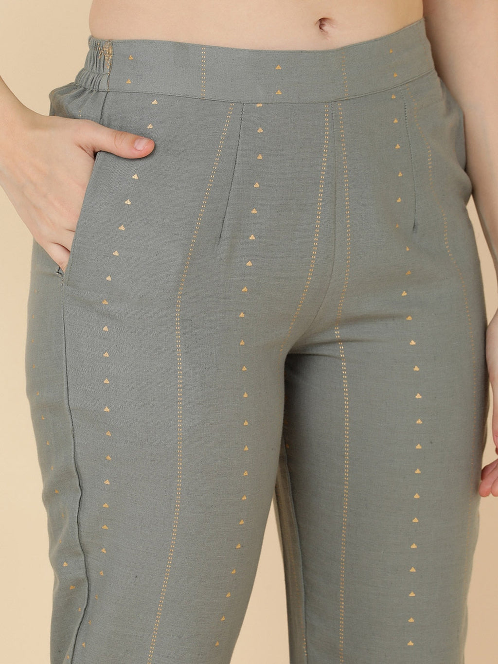 HERE&NOW Women Grey Ethnic Motifs Printed Gotta Patti Kurta with Trouser & Dupatta | Grocsy