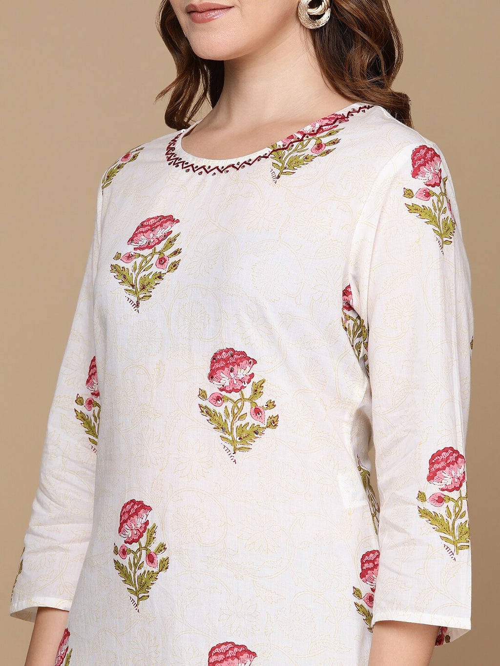 HERE&NOW White & Pink Floral Printed Pure Cotton Kurta | Grocsy
