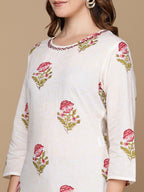 HERE&NOW White & Pink Floral Printed Pure Cotton Kurta | Grocsy