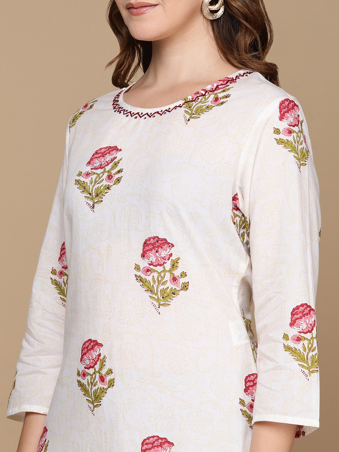 HERE&NOW White & Pink Floral Printed Pure Cotton Kurta | Grocsy