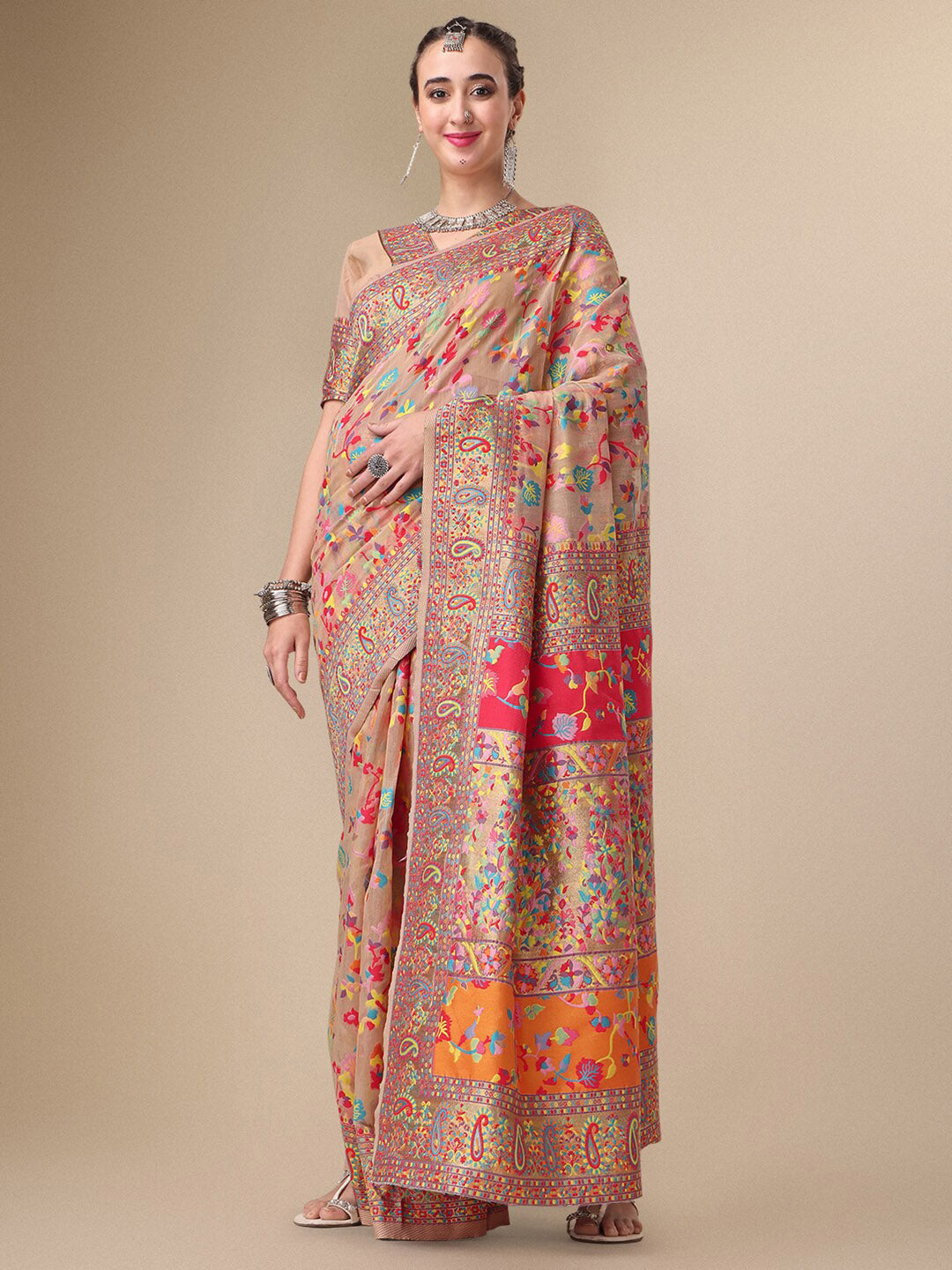 Sangria Beige & Orange Floral Woven Design Pure Silk Saree | Grocsy