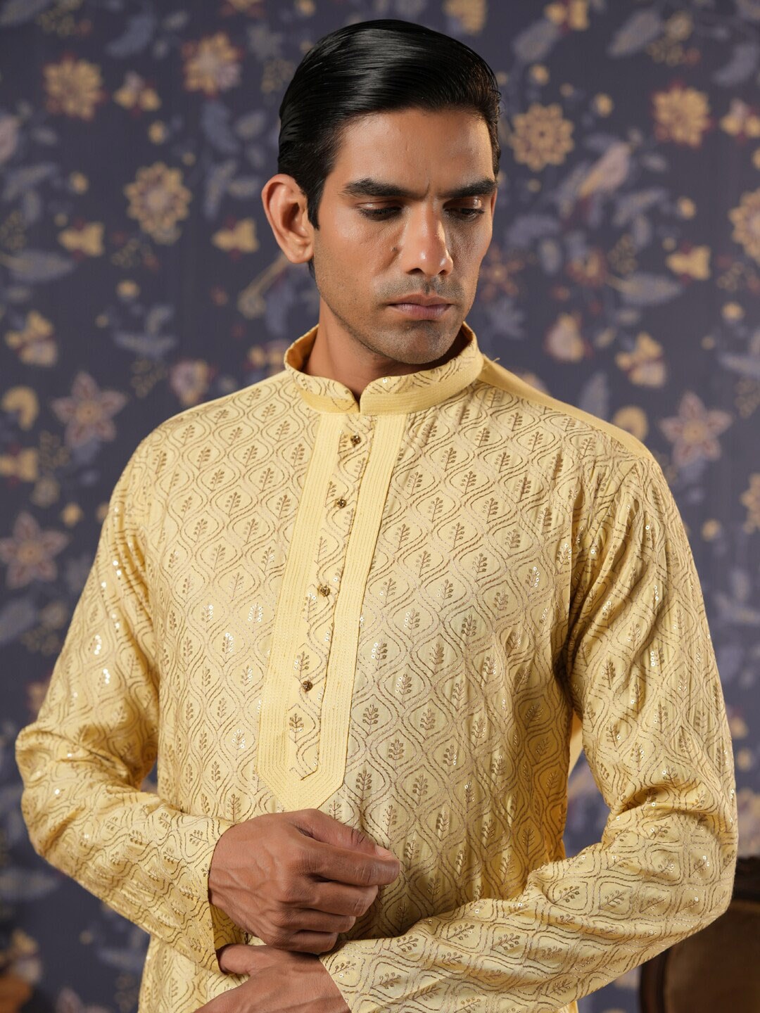 House of Pataudi Ethnic Motifs Embroidered Mandarin Collar Straight Kurta With Churidar | Grocsy