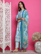 Jyoti Fashion Women's Turquoise Satin Traditional Digital Print with Crystal work Kurta with Trouser & Dupatta | Grocsy