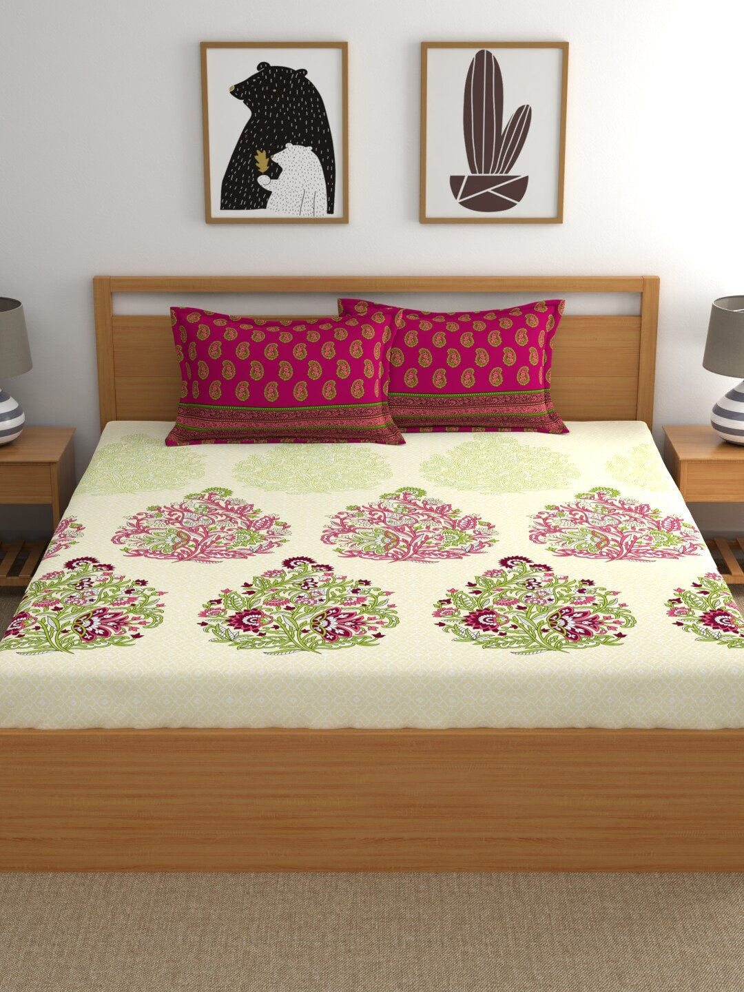 My Room Pink & Green Ethnic Motifs 140 TC Fitted Cotton King Bedsheet & Pillow Covers | Grocsy
