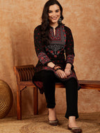 Sangria Floral Printed Mandarin Collar Winter Kurta & Trousers | Grocsy