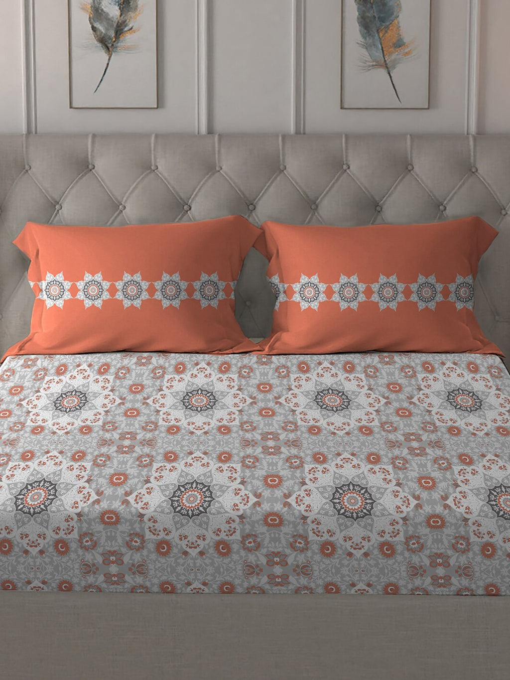 MYTRIDENT Grey White Floral Pure Cotton 144 TC Queen Bedsheet With 2 Pillow Covers | Grocsy