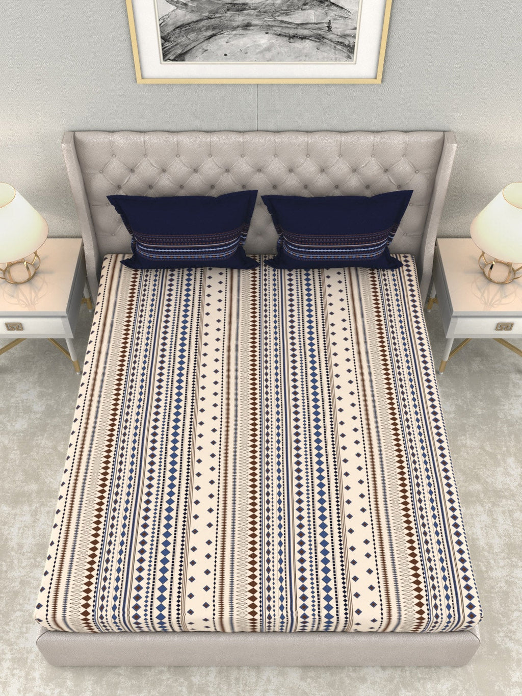 MYTRIDENT Multicoloured Blue Geometric 120 TC Cotton 1 Queen Bedsheet with 2 Pillow Covers | Grocsy