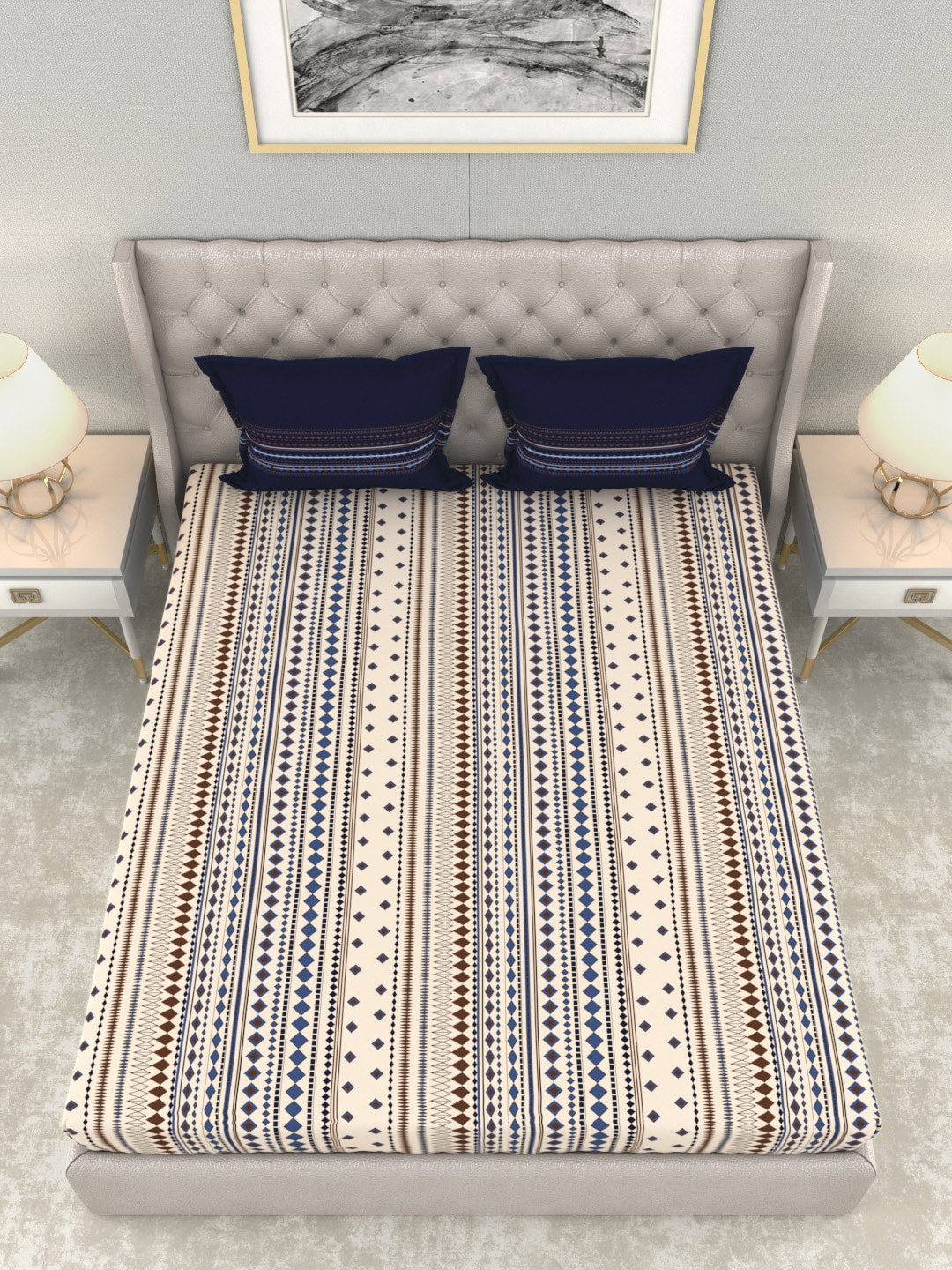 MYTRIDENT Multicoloured Blue Geometric 120 TC Cotton 1 Queen Bedsheet with 2 Pillow Covers | Grocsy