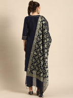 All About You Women Navy Blue Zari Detailed Regular Kurta with Trousers & Dupatta | Grocsy