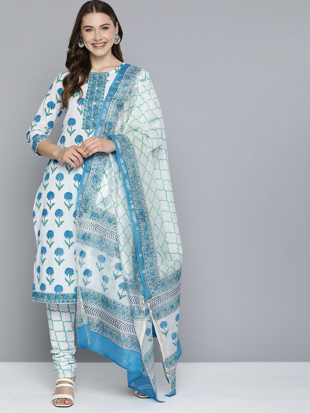 HERE&NOW Floral Printed Regular Pure Cotton Kurta with Churidar & With Dupatta | Grocsy
