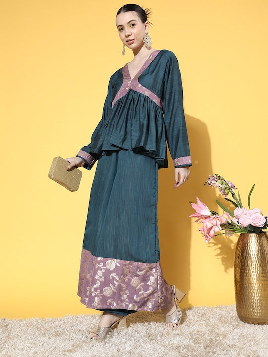 InWeave Women's Teal Mauve Brocade Mughal Shaan Kurta Palazzo Set | Grocsy