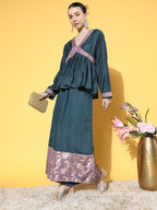 InWeave Women's Teal Mauve Brocade Mughal Shaan Kurta Palazzo Set | Grocsy