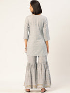 HERE&NOW Women Grey Floral Printed Panelled Gotta Patti Pure Cotton Kurti with Sharara With Dupatta | Grocsy