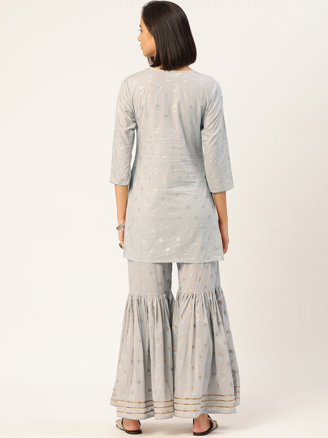 HERE&NOW Women Grey Floral Printed Panelled Gotta Patti Pure Cotton Kurti with Sharara With Dupatta | Grocsy