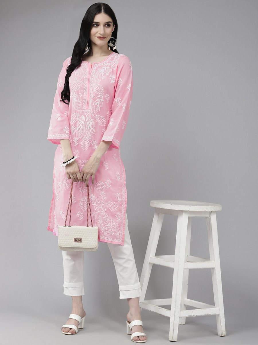 ADA Women Pink & White Ethnic Motifs Embroidered Chikankari Cotton Kurta | Grocsy