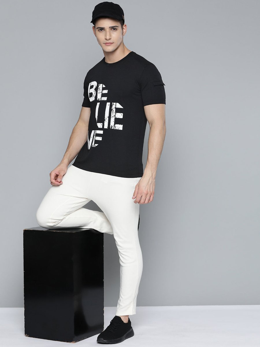 Alcis Men Black & White Typography Printed T-shirt | Grocsy