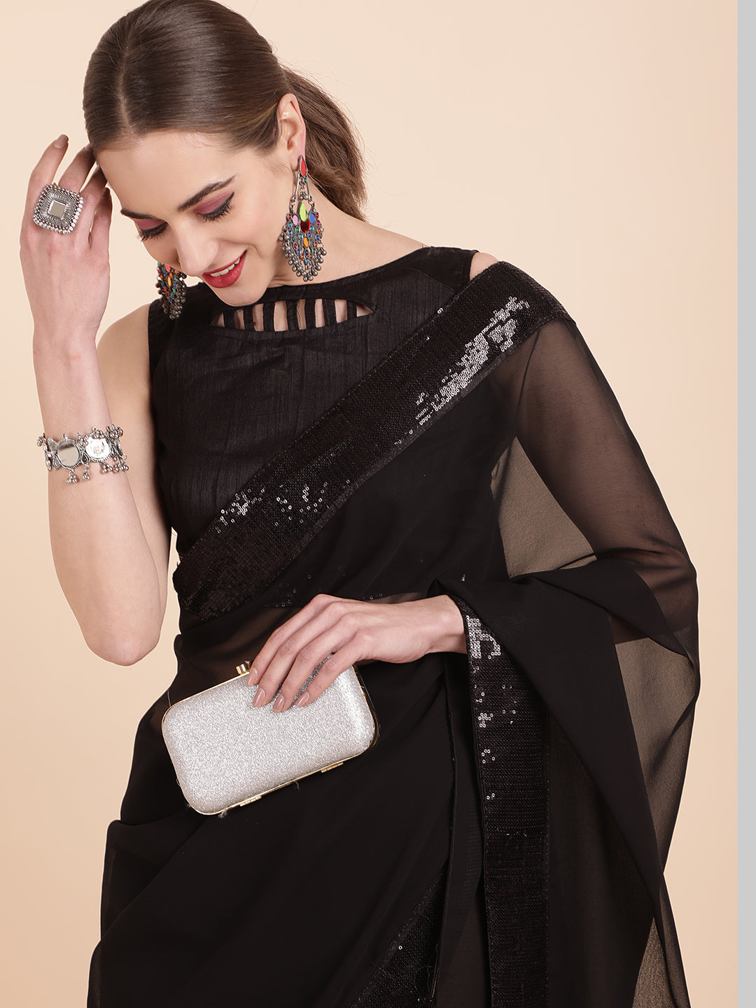 Sangria Black Sequinned Pure Georgette Saree | Grocsy