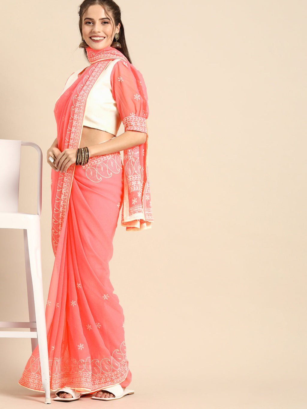Sangria Pink Chikankari Embroidered Pure Georgette Saree | Grocsy
