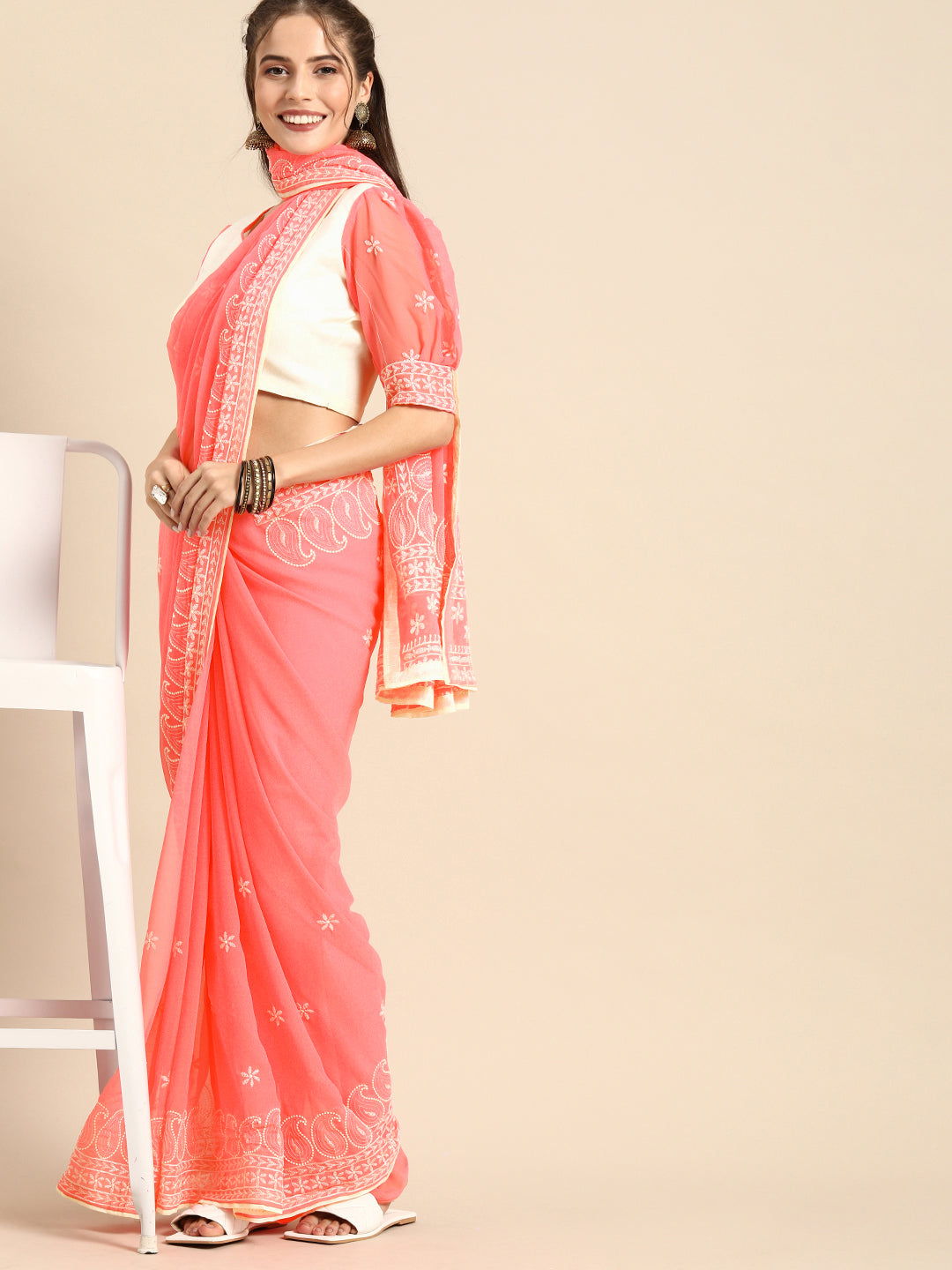 Sangria Pink Chikankari Embroidered Pure Georgette Saree | Grocsy
