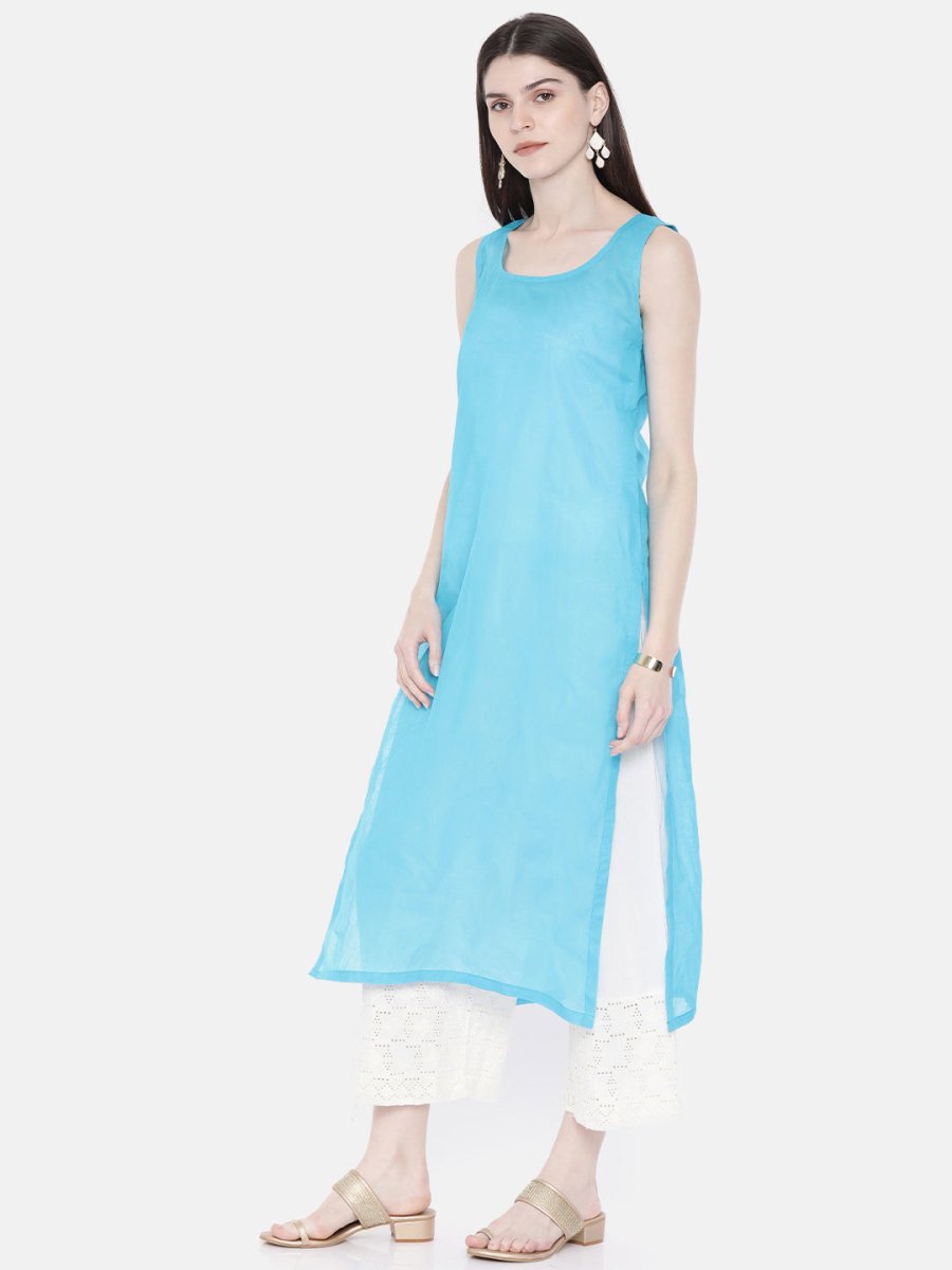 ADA Women Blue Embroidered Lucknow Chikankari Straight Kurta With Slip | Grocsy