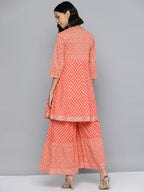 HERE&NOW Ethnic Motifs Print High Slit Cotton Kurta with Sharara | Grocsy