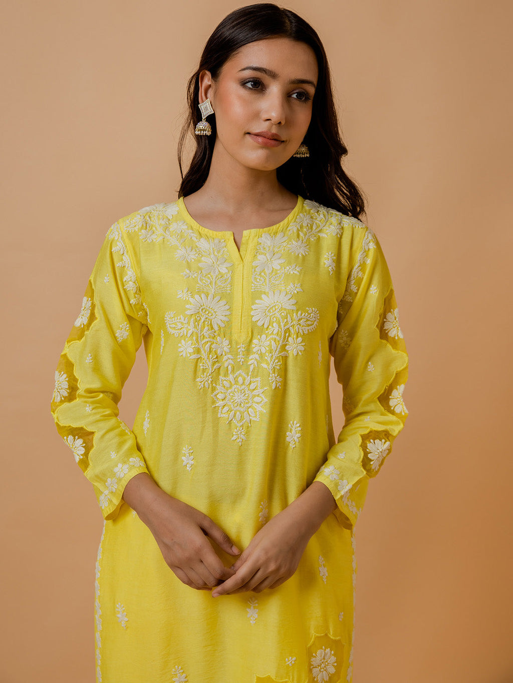 HOUSE OF KARI Ethnic Motifs Embroidered Round Neck Chikankari Chanderi Silk Kurta | Grocsy