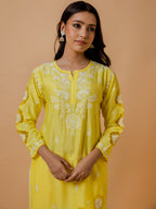 HOUSE OF KARI Ethnic Motifs Embroidered Round Neck Chikankari Chanderi Silk Kurta | Grocsy