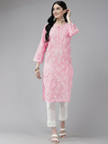 ADA Women Pink & White Ethnic Motifs Embroidered Chikankari Cotton Kurta | Grocsy