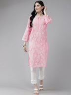 ADA Women Pink & White Ethnic Motifs Embroidered Chikankari Cotton Kurta | Grocsy