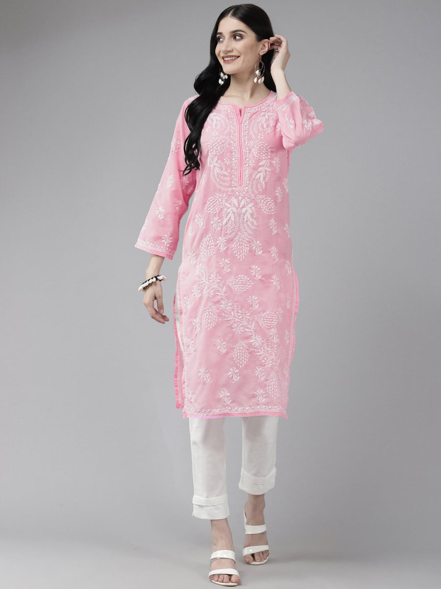 ADA Women Pink & White Ethnic Motifs Embroidered Chikankari Cotton Kurta | Grocsy