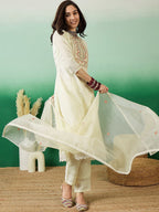Sangria Off White Floral Embroidered Straight Kurta With Trousers With Dupatta | Grocsy