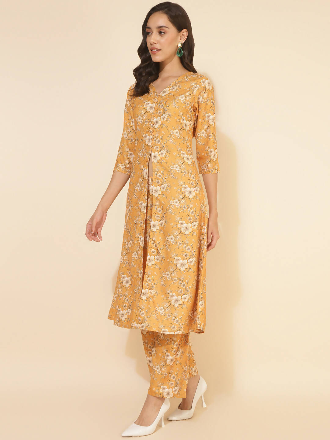 Janasya Women's Mustard Moss Floral Printed Casual Front Slit Co-ords | Grocsy