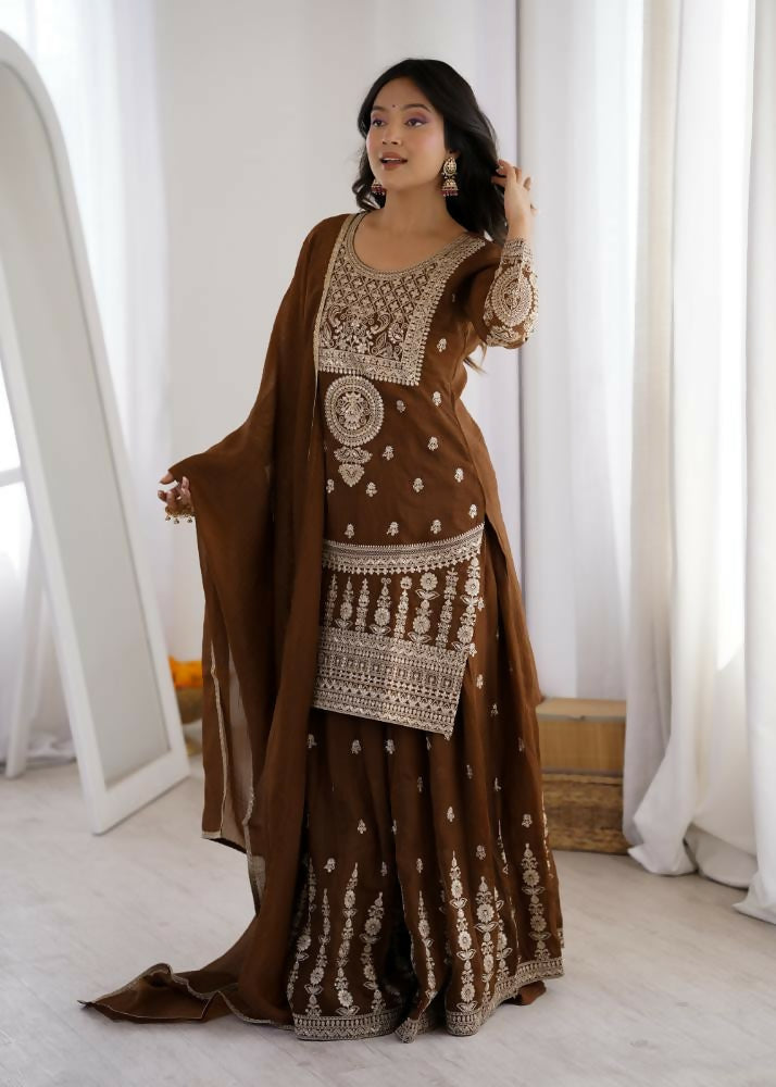 Lehenga Mart Designer Sharara Suit With Kurta, Sharara, Dupatta For Women-Brown | Grocsy