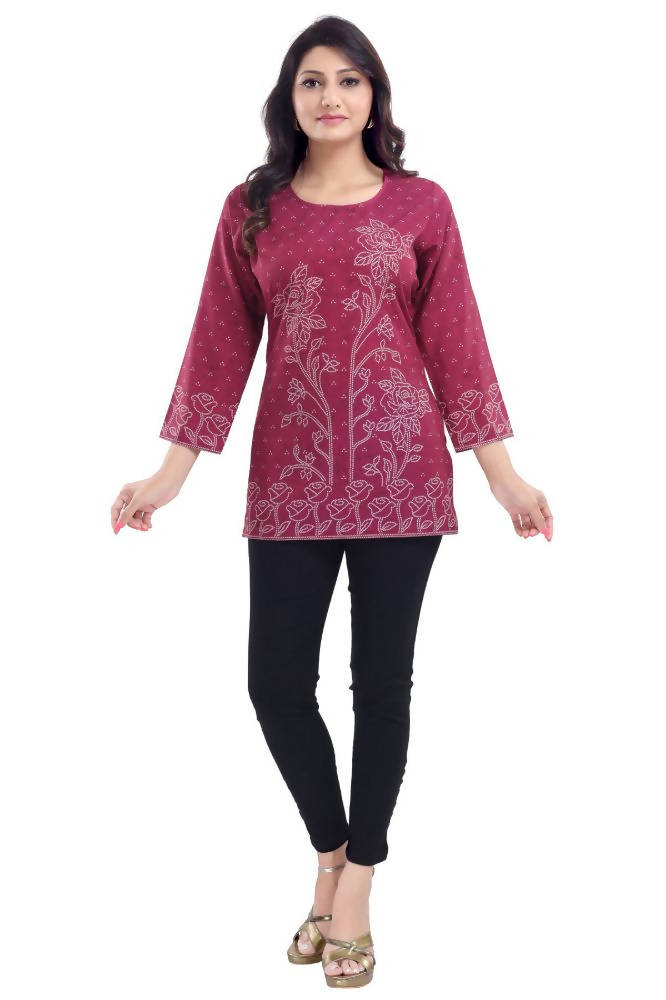 Snehal Creations Magenta Faux Crepe Short Kurti Tunic Top | Grocsy