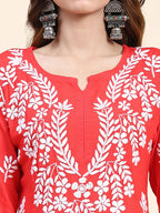 HOUSE OF KARI Floral Embroidered Chikankari Pure Cotton Straight Kurta With Trousers | Grocsy