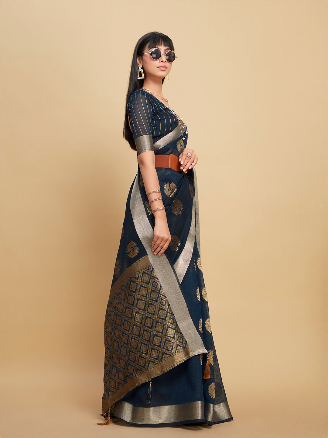 Sangria Navy Blue Ethnic Motifs Woven Design Zari Saree | Grocsy